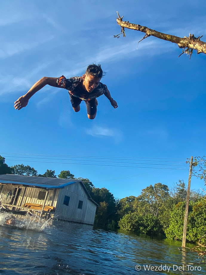 Kids from a local community having fun in the water and jumping off a tree during the flooded season.