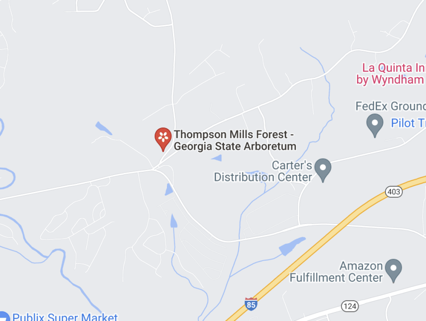 Google Map showing Thompson Mills Forest